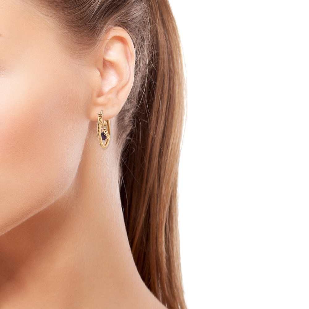 KARIS 14K ION AMETHYST INNER DROP HOOP EARRINGS - Picture 3 of 8